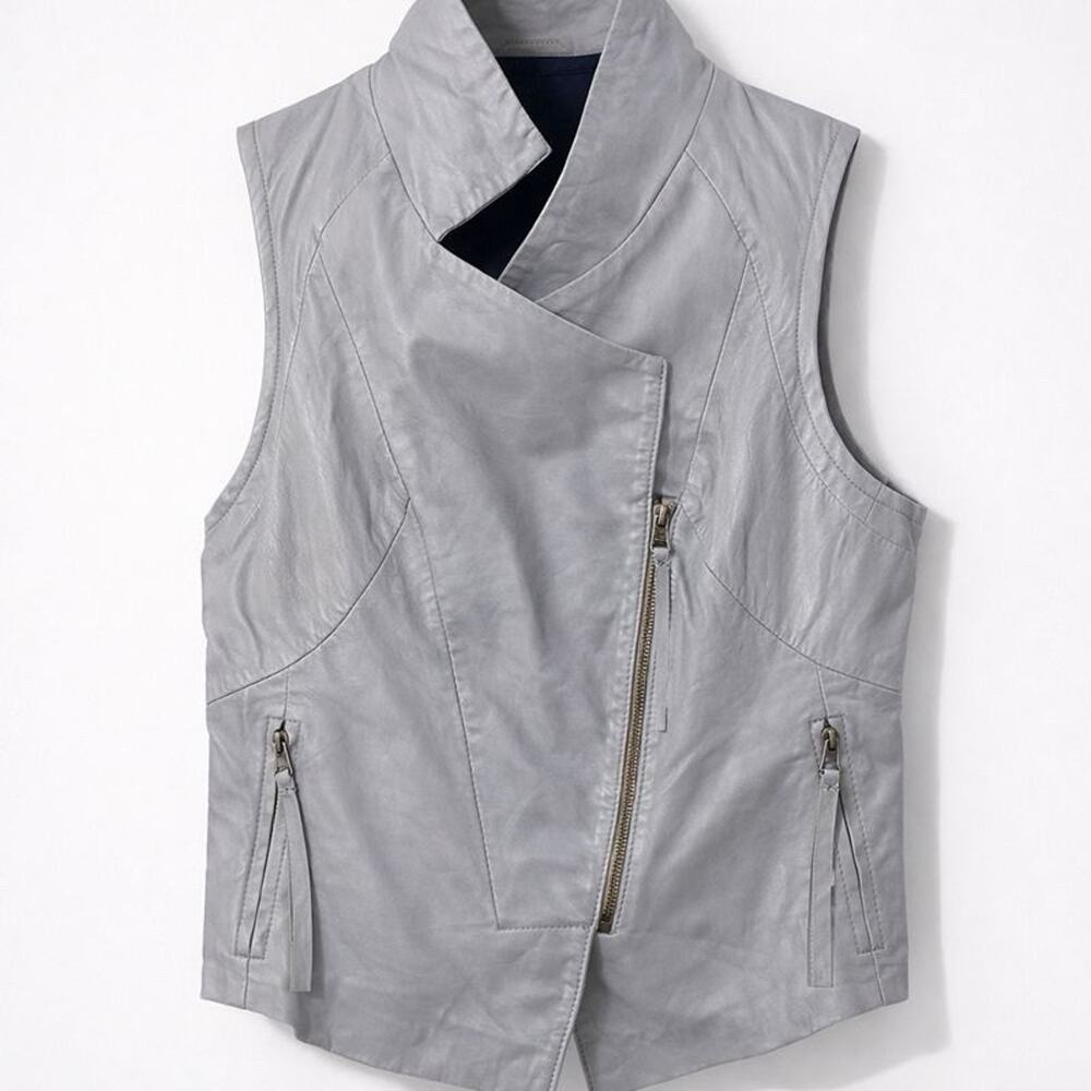 Improvd Womens Medium Gray 100% Leather Moto Asymmetrical Zip Sleeveless Biker